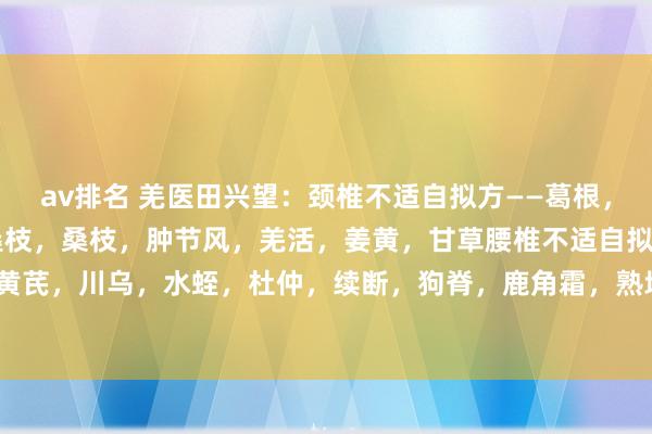 av排名 羌医田兴望：颈椎不适自拟方——葛根，威灵仙，当归，白芍，桑枝，桑枝，肿节风，羌活，姜黄，甘草腰椎不适自拟方——独活，黄芪，川乌，水蛭，杜仲，续断，狗脊，鹿角霜，熟地，肉苁蓉，炙甘草膝要害不适自拟...